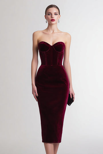 Strapless Velvet Corset Burgundy Midi Holiday Party Dress